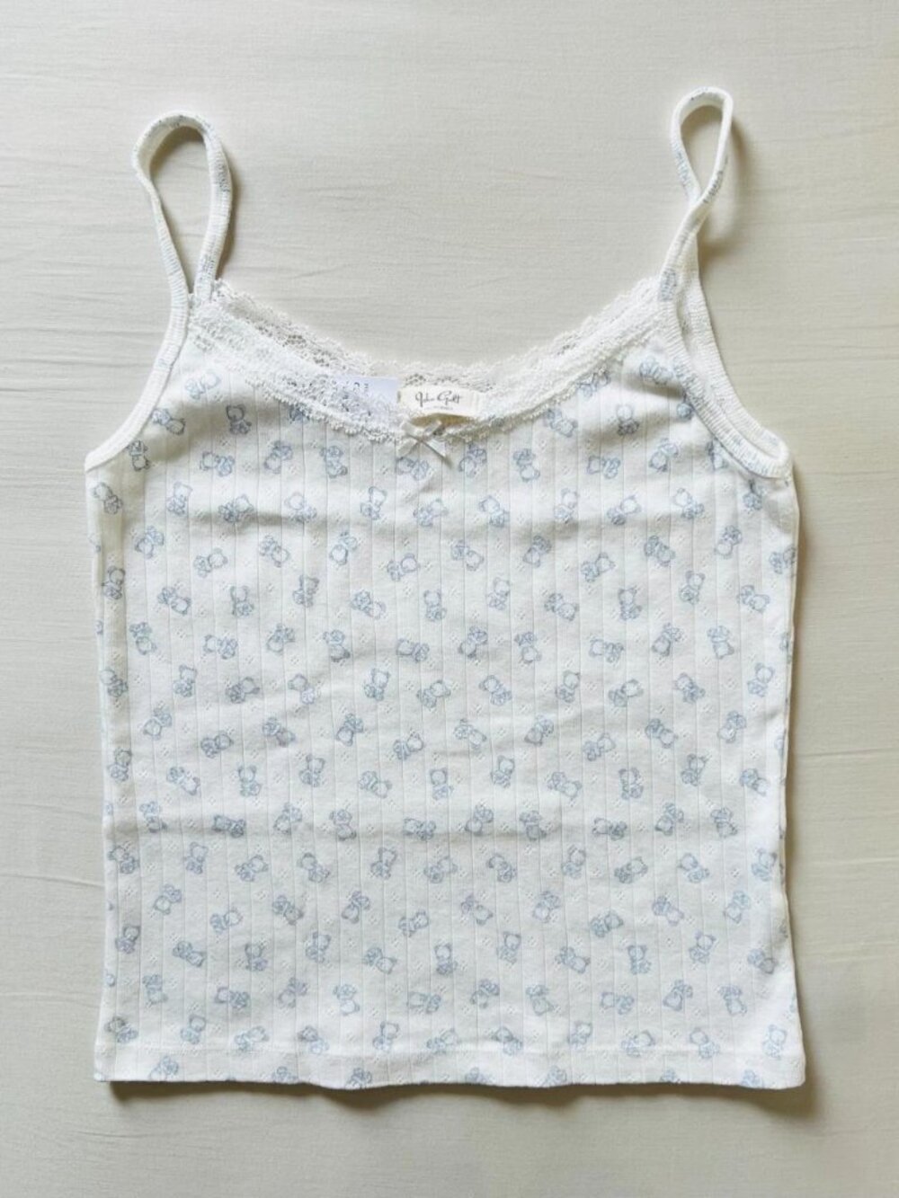 BNWT Brandy Melville-John Galt white and baby blue teddy bears lace eyelet bow
